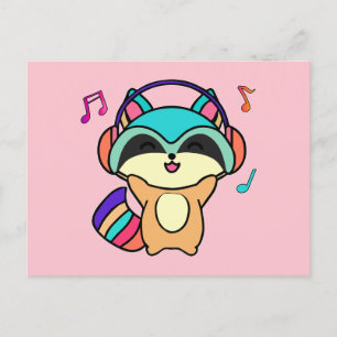 Happy smiling baby racoon with headphones.  postcard