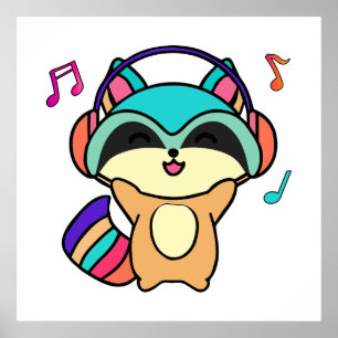 Happy smiling baby racoon with headphones.  poster