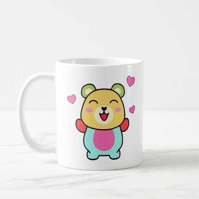 Happy smiling baby teddy bear with love hearts.  coffee mug (Left)