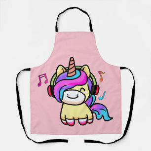 Happy smiling baby unicorn with headphones.  apron