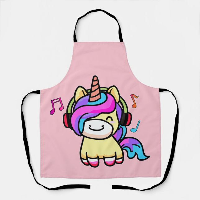 Happy smiling baby unicorn with headphones.  apron (Front)