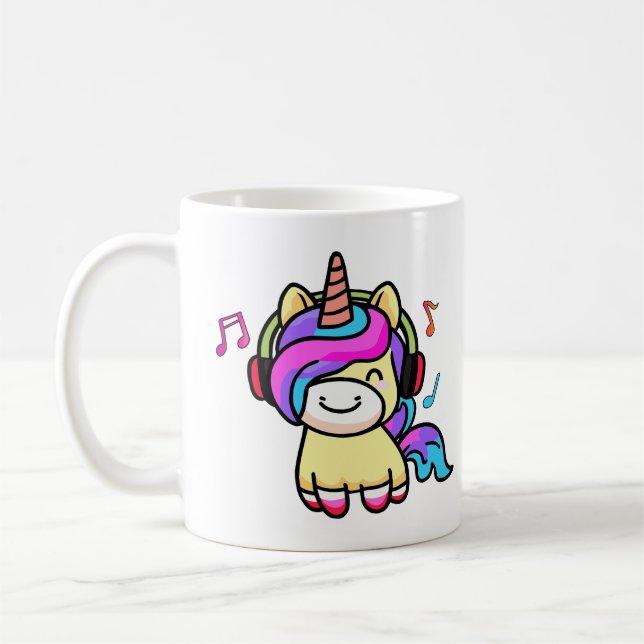 Happy smiling baby unicorn with headphones.  coffee mug (Left)