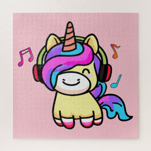 Happy smiling baby unicorn with headphones.  jigsaw puzzle