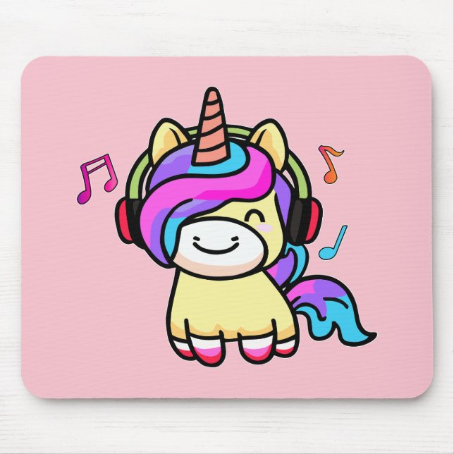 Happy smiling baby unicorn with headphones.  mouse pad (Front)