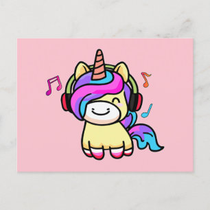 Happy smiling baby unicorn with headphones. postcard