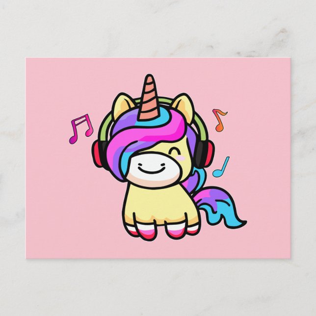 Happy smiling baby unicorn with headphones.  postcard (Front)