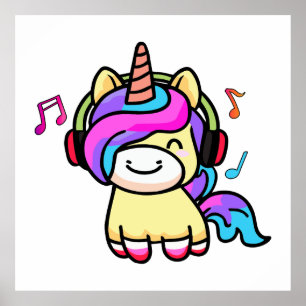 Happy smiling baby unicorn with headphones.  poster