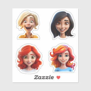 Happy Smiling Cartoon Character Female Faces x 4