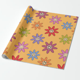 Happy Smiling colourful Retro flowers pattern Wrapping Paper