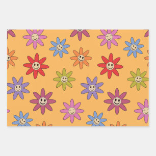 Happy Smiling colourful Retro flowers pattern Wrapping Paper Sheet