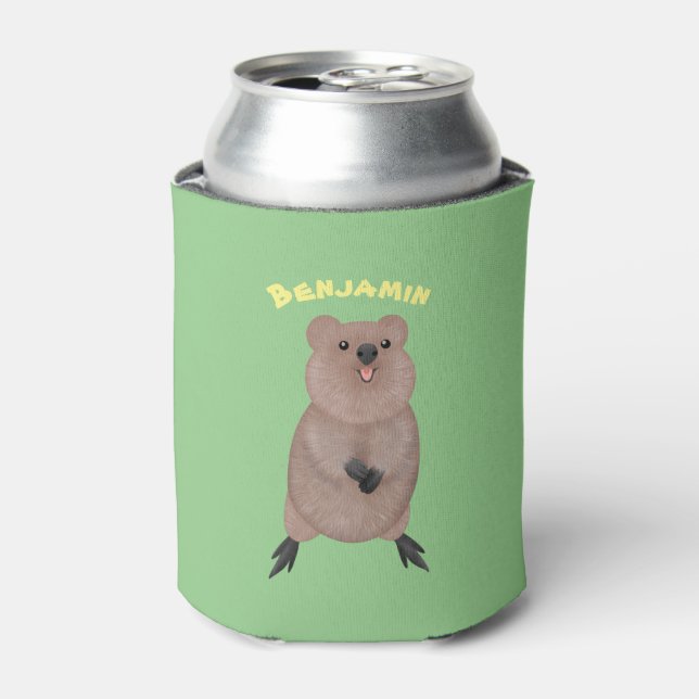 Happy smiling cute quokka cartoon design can cooler (Can Front)