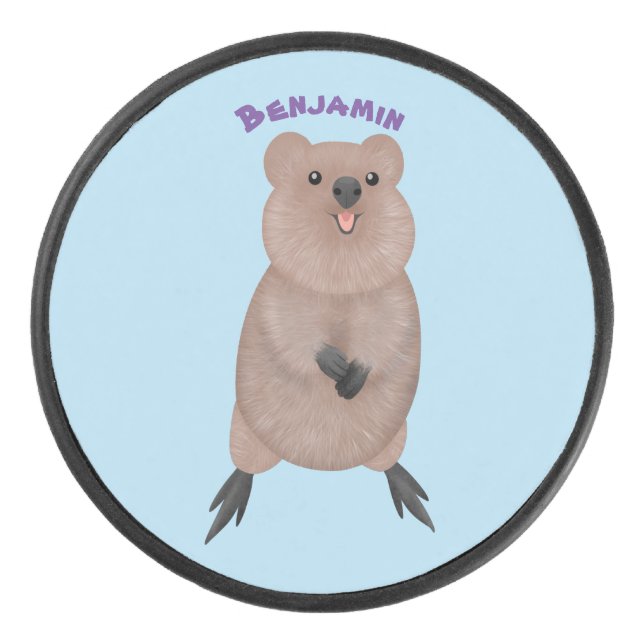 Happy smiling cute quokka cartoon design hockey puck (Front)