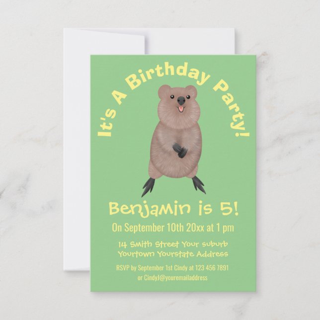 Happy smiling cute quokka cartoon design invitation (Front)