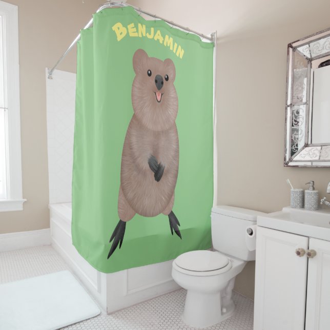 Happy smiling cute quokka cartoon design shower curtain (In Situ)