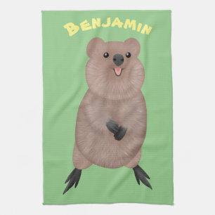 Happy smiling cute quokka cartoon design tea towel