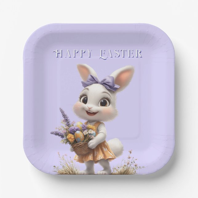  Happy Smiling Easter Bunny Eggs Lavender Bow  Paper Plate (Front)