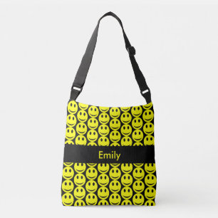 Happy Smiling Faces Yellow Black, Add Name Crossbody Bag