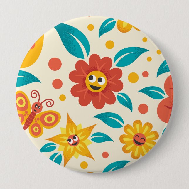 Happy Smiling Flowers Pattern 10 Cm Round Badge (Front)