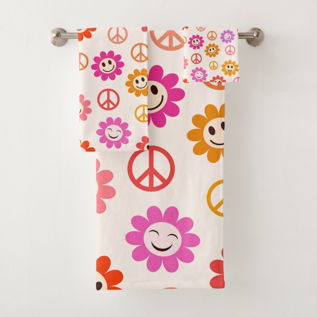 Happy Smiling Flowers pattern with peace signs  Bath Towel Set (Insitu)