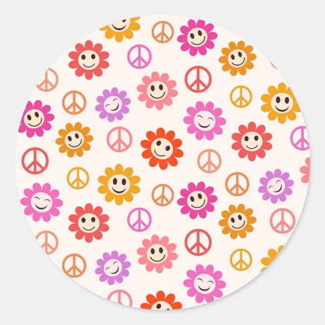 Happy Smiling Flowers pattern with peace signs  Classic Round Sticker (Front)