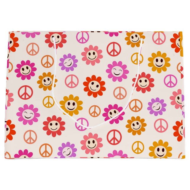 Happy Smiling Flowers pattern with peace signs  Large Gift Bag (Front)