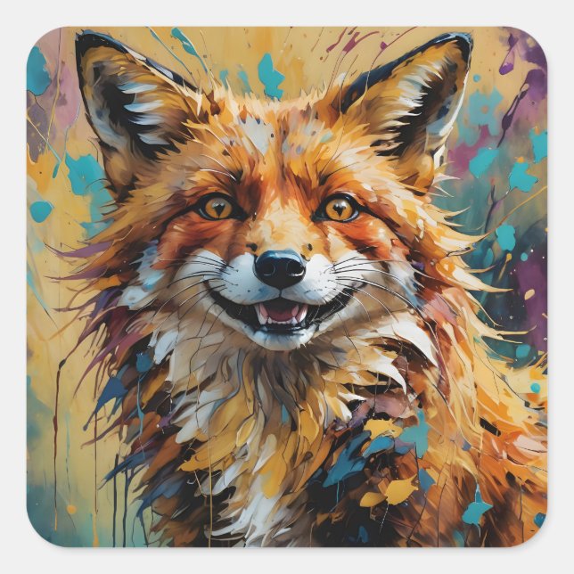 Happy Smiling Fox - Paint Splatter abstract Square Sticker (Front)