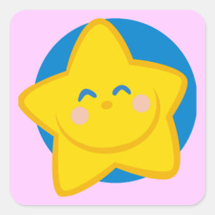 HAPPY SMILING GOLDEN STAR CARTOON BLUE YELLOW SQUARE STICKER