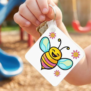 Happy Smiling Kawaii Baby Bee with Cute Flowers Key Ring