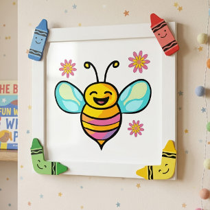 Happy Smiling Kawaii Baby Bee with Cute Flowers Photo Print