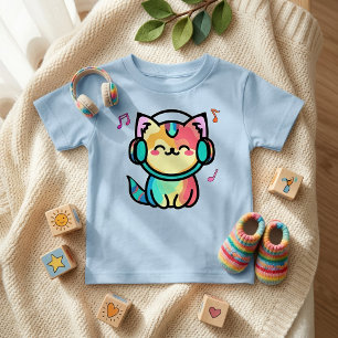Happy Smiling Kawaii Cartoon Cat with Headphones Baby T-Shirt