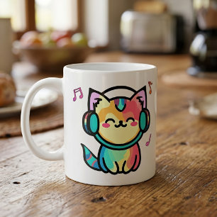 Happy Smiling Kawaii Cartoon Cat with Headphones Coffee Mug