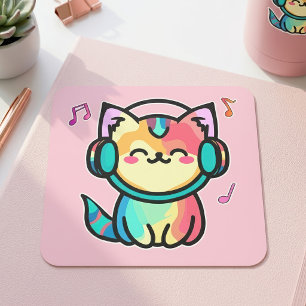 Happy Smiling Kawaii Cartoon Cat with Headphones Square Sticker