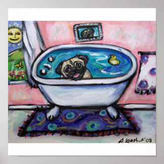 happy smiling pug bath poster