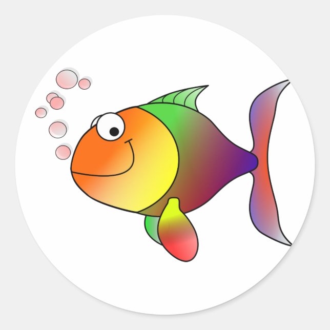 Happy Smiling Rainbow Fish and Bubbles Classic Round Sticker (Front)