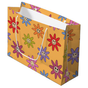 Happy Smiling Retro flowers on Yellow Large Gift Bag