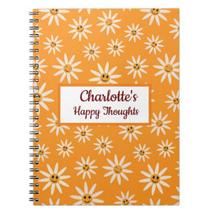 Happy smiling retro white flowers custom name  notebook