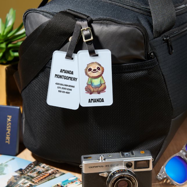 Happy Smiling Sloth Sitting Relaxed Luggage Tag (Front & Back)
