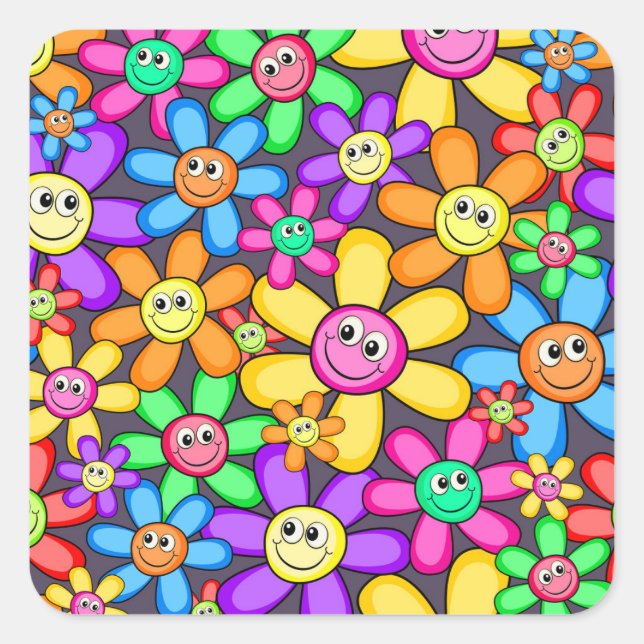Happy Smiling Spring Garden Flowers Square Sticker (Front)