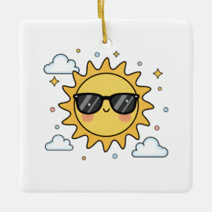Happy Smiling Sun Cartoon - Minimalist Kawaii Suns Ceramic Ornament