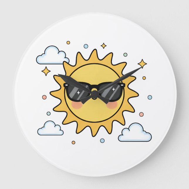 Happy Smiling Sun Cartoon - Minimalist Kawaii Suns Large Clock (Front)