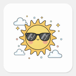 Happy Smiling Sun Cartoon - Minimalist Kawaii Suns Square Sticker