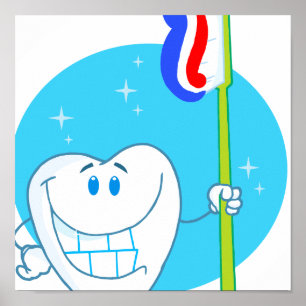 Happy Smiling Tooth With Toothbrush Poster