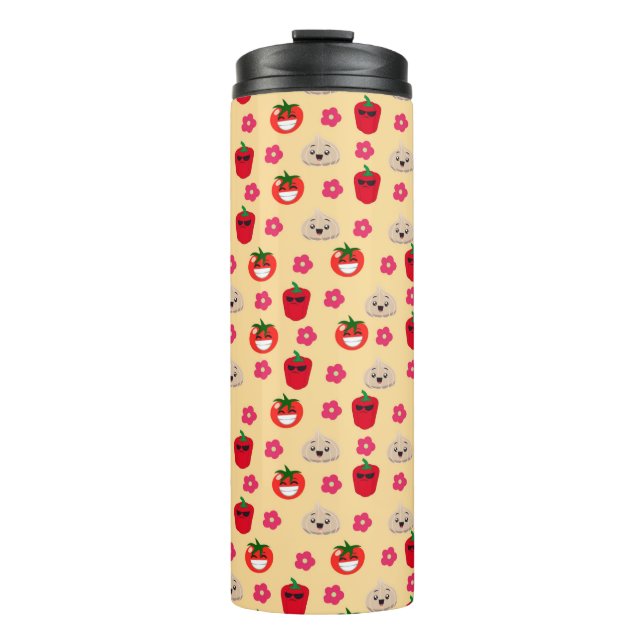 Happy smiling vegetable background pattern cartoon thermal tumbler (Front)