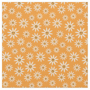 Happy smiling white flowers pattern on orange fabric