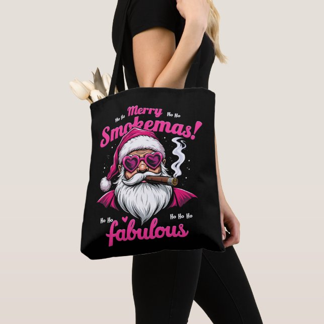 Happy Smokemas Funny Santa with Big Cigar Tote Bag (Close Up)