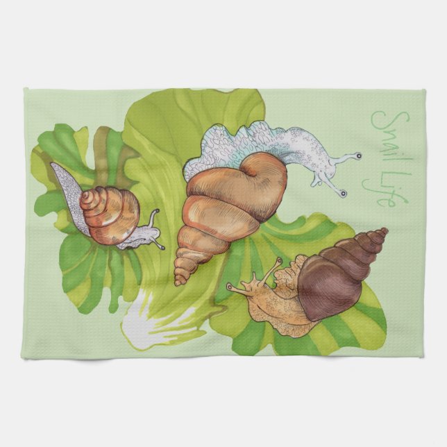 Happy Snails on Lettuce Leaf Art Tea Towel (Horizontal)