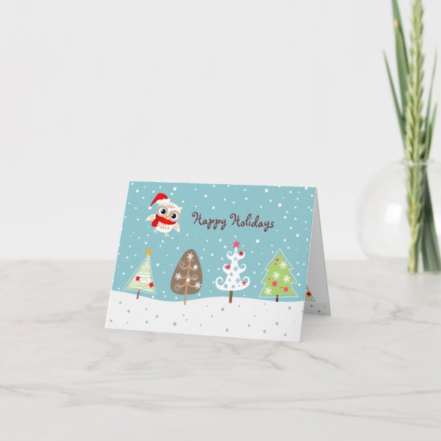 Happy Snow Owl and Christmas Tree Greeting Card (Front)