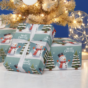 Happy Snowman and Christmas Tree Wrapping Paper