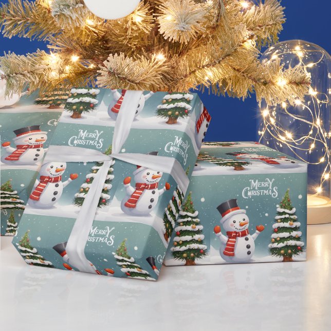 Happy Snowman and Christmas Tree Wrapping Paper (Holidays)