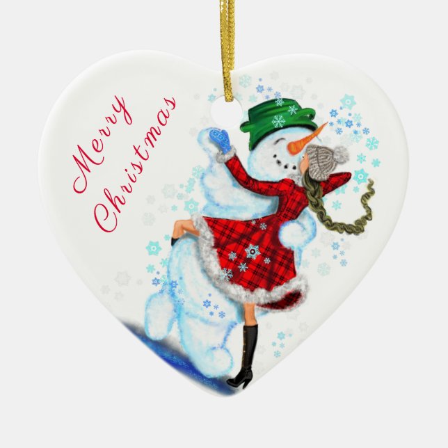 Happy Snowman and Girl Dance Tango Christmas Dance Ceramic Ornament (Front)